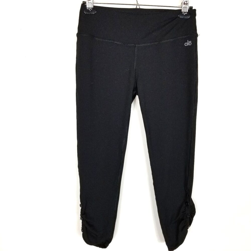 Alo Cool Fit Women Cropped Athletic Pants Sz S Black Ruched Hem Yoga Running